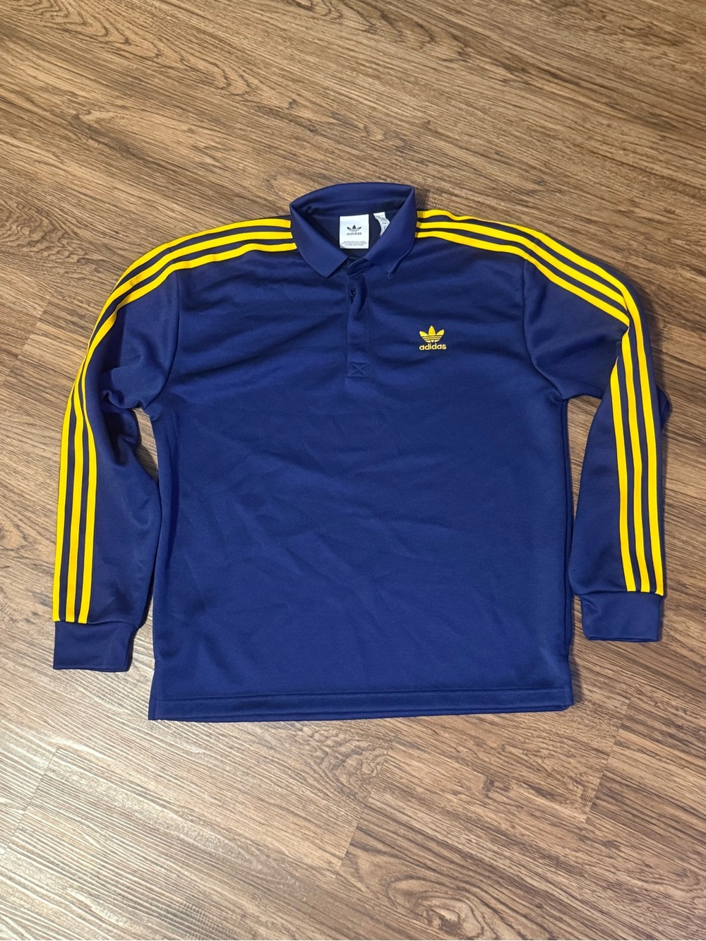 adidas Men’s Navy Long Sleeve Polo Top with Yellow Stripes in Size M